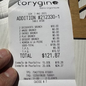 L'Orygine - Bill / receipt - 2 people - Bistros Near Me - Quebec City, Quebec