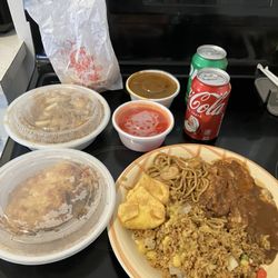 Golden City - Lunch menu: shrimp lomein plate & egg fu young plate. Comes with fried rice and a soda