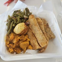 Bantam & Biddy - Fried fish, green beans, sweet potatoes, and corn bread