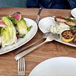 Poached Chicken Salad Shawarma spiced swordfish skewer