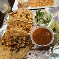 3 chicken Tacos Al Carbon.  I was told the meat was a little dry and the sauce too hot.
