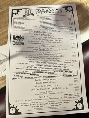Menu photo 1 Five O'Clock Steakhouse Milwaukee, WI