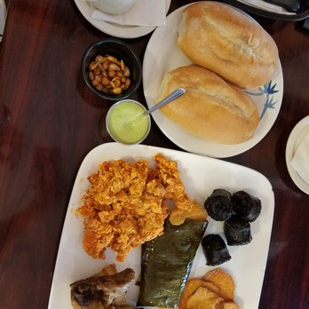 Peruvian Restaurant Norte Chico - Breakfast Piqueos: blood sausage (relleno), sweet potato (camote), chicken tamal, chorizo and eggs, pork belly (chicharron) - Peruvian Near Me - Union City, New Jersey Peruvian Restaurant Norte Chico - Breakfast Piqueos: blood sausage (relleno), sweet potato (camote), chicken tamal, chorizo and eggs, pork belly (chicharron) - Peruvian Near Me - Union City, New Jersey