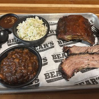 Bear's Smokehouse Express - Combo Tray (Brisket, ribs, BBQ beans, coleslaw, Texas Pepper sauce) - Barbeque Near Me - Asheville, North Carolina Bear's Smokehouse Express - Combo Tray (Brisket, ribs, BBQ beans, coleslaw, Texas Pepper sauce) - Barbeque Near Me - Asheville, North Carolina