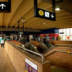 Lawrence West Subway Station - Panoramic view of stairs/escalators to and from the subway train platform from the main level. October 2018