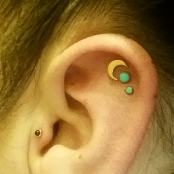 Industrial Tattoo - Triple helix pierced by Marina and I love it!!! She did my tragus piercing 9 months ago too :) - Tattoo Near Me - Berkeley, California Industrial Tattoo - Triple helix pierced by Marina and I love it!!! She did my tragus piercing 9 months ago too :) - Tattoo Near Me - Berkeley, California