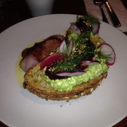 Chosen Bean - Avocado, fetta, pickled radish, beetroot relish and dukkah on toast with bacon! Omgnom!!!