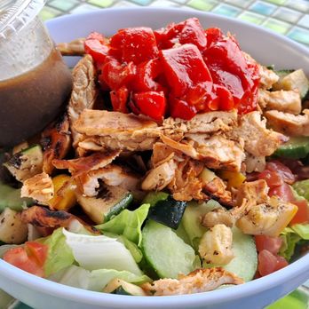 Rachel's Kitchen - Grilled vegetables and grilled chicken salad with dressing on the side. - Breakfast & Brunch Near Me - Las Vegas, Nevada Rachel's Kitchen - Grilled vegetables and grilled chicken salad with dressing on the side. - Breakfast & Brunch Near Me - Las Vegas, Nevada