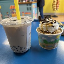 Morning Lovers Rolled Ice Cream & Lavender boba Milk Tea w/ Blueberry Popping Pearls !
