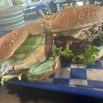 Barney's Better Burgers - Avocado Jack and Mushroom, Bacon & Cheese Double Burger side by side - Sandwiches Near Me - Medford, Oregon Barney's Better Burgers - Avocado Jack and Mushroom, Bacon & Cheese Double Burger side by side - Sandwiches Near Me - Medford, Oregon
