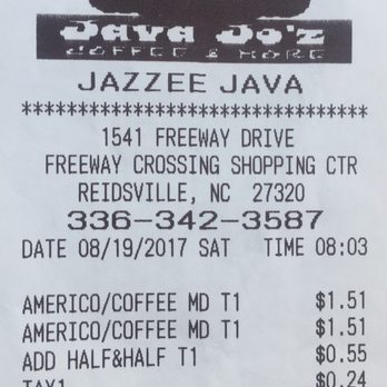 Jazzee Java - I easily pay this for 1 premium espresso drink at other coffee places. This is two medium Americanos, 1 extra shot and steamed half and half - Coffee & Tea Near Me - Reidsville, North Carolina