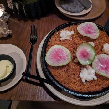 Palo Santo - Lobster noodle dish (reminded me of fideuá) with radishes. Excellent flavor, but was greasy and only had a tiny bit of lobster meat - New Mexican Cuisine Near Me - Atlanta, Georgia