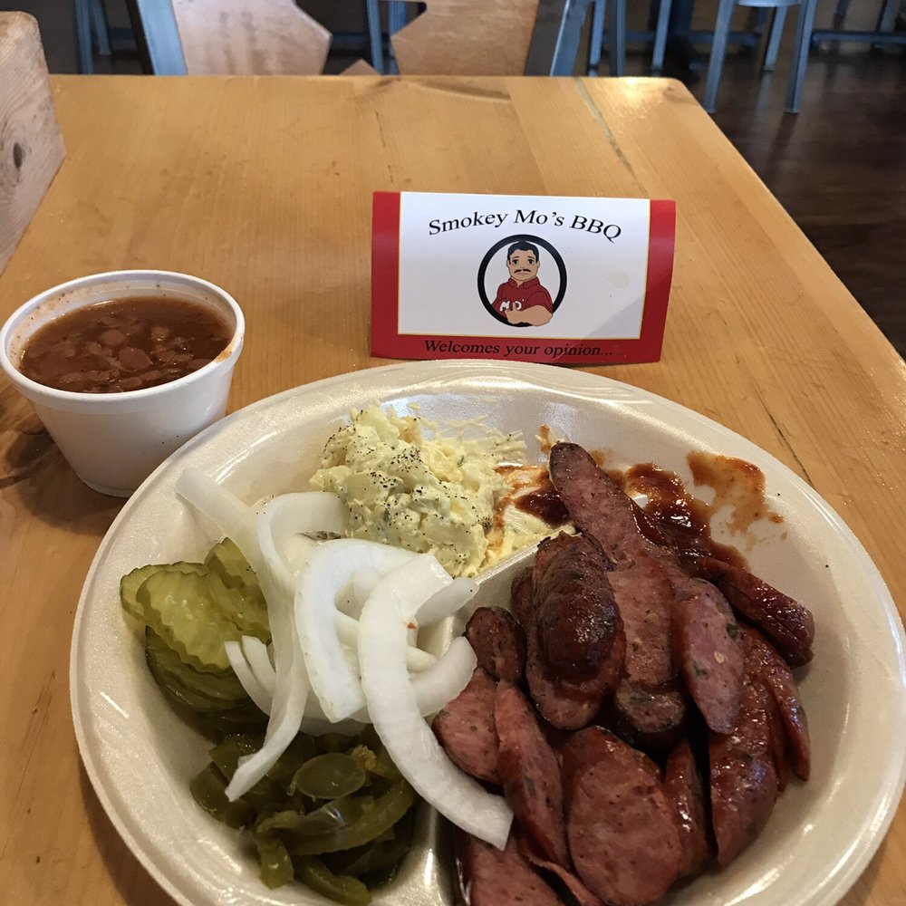 Smokey Mo's BBQ - Cedar Park - Jalapeño sausage plate with beans and potato salad. - Barbeque Near Me - Cedar Park, Texas