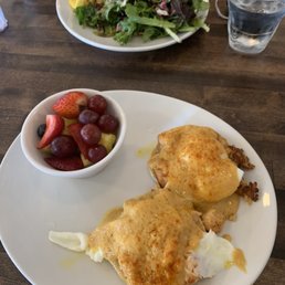 Lobster eggs Benedict and fruit side