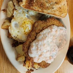 Kiwi's Diner - Country fried steak, rye toast, home fries, eggs over easy