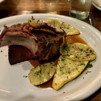 Cabezon - Mesquite grilled pork chop with corn cake, squash, grilled peaches and bourbon jus. - Seafood Near Me - Portland, Oregon