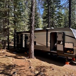 Cottonwood Creek Campground - Room for just the trailer.   Trees and boulders prevented us going further back and having our steps in a good location.