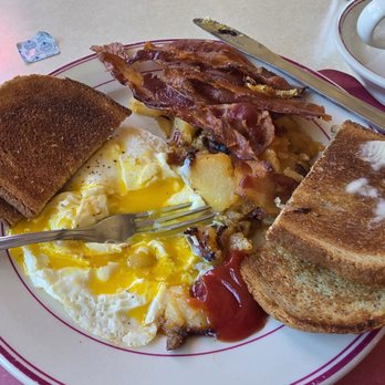 The Cutchogue Diner - 2 eggs over easy with bacon, homefries and rye toast. - Diners Near Me - Cutchogue, New York The Cutchogue Diner - 2 eggs over easy with bacon, homefries and rye toast. - Diners Near Me - Cutchogue, New York