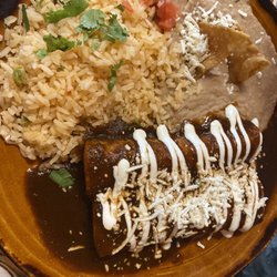 La Bamba - Bamba enchiladas roja with rice and beans