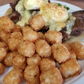 Button Up Cafe - Double O...M...G!!! Korean Braised Short Rib Eggs Benedict with tater tots. The salt in the tots really help the balance of flavors - Breakfast & Brunch Near Me - Pearl City, Hawaii Button Up Cafe - Double O...M...G!!! Korean Braised Short Rib Eggs Benedict with tater tots. The salt in the tots really help the balance of flavors - Breakfast & Brunch Near Me - Pearl City, Hawaii