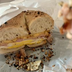 Bagels and Cakes - Ham egg and cheese on everything bagel