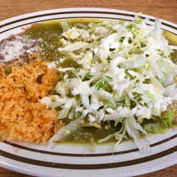 Azteca Mexican Restaurant - Chicken Enchiladas Verde with yellow rice and refined beans