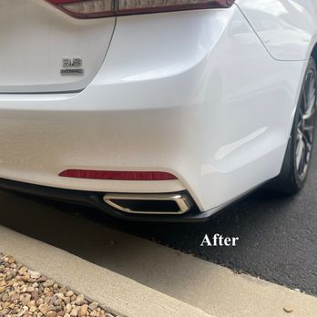 Stuttgart Auto Body - After-shot of newly prepped, painted, installed bumper and exhaust assembly following a rear-end incident. - Body Shops Near Me - Englewood, Colorado Stuttgart Auto Body - After-shot of newly prepped, painted, installed bumper and exhaust assembly following a rear-end incident. - Body Shops Near Me - Englewood, Colorado
