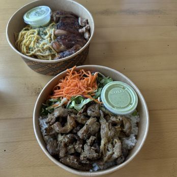 Saiga Vietnamese Eatery - Top left- garlic noodles with chicken  Bottom right- Grilled Pork Bowl - Vietnamese Near Me - Irvine, California