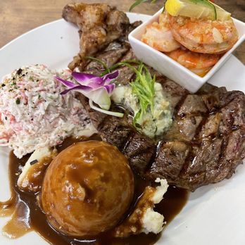 Guieb Cafe - Rib eye with Guieb's Garlic Shrimp. - New American Near Me - Aiea, Hawaii