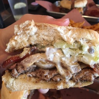 The Jackalope - Brie Bacon Burger- so juicy and good! - Dive Bars Near Me - Austin, Texas
