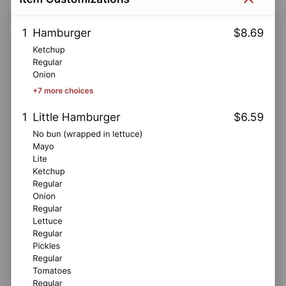 My order, showing I had requested the lettuce wrap on the little burger.