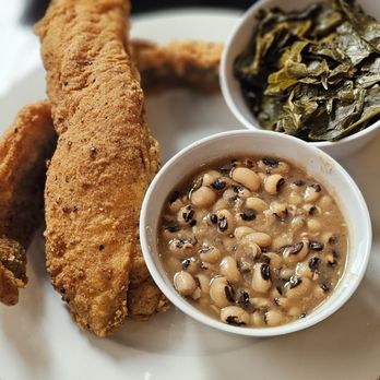Blackeyed Peas - Fish (trout) blackened peas and collard greens - Soul Food Near Me - Norfolk, Virginia