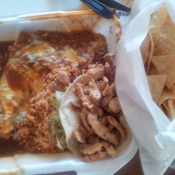 Rudy's - Chicken enchilada/chicken taco, with rice, beans and chips. $11.35. HUGE portions. - Mexican Near Me - Santa Barbara, California Rudy's - Chicken enchilada/chicken taco, with rice, beans and chips. $11.35. HUGE portions. - Mexican Near Me - Santa Barbara, California