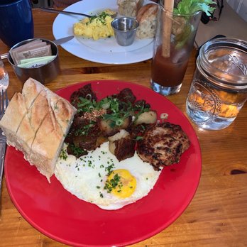 Fannie's - 2 eggs over easy, chicken sausage and potatoes. With a Bloody Mary. - Desserts Near Me - Warwick, New York