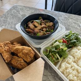 Fried chicken larb and fried pork belly larb. Comes with bomb side salad and sticky rice Fried chicken larb and fried pork belly larb. Comes with bomb side salad and sticky rice