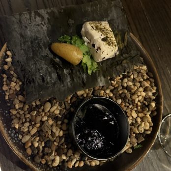 FIRE by The Alinea Group - Halibut dish. The mussel broth custard stole the show - New American Near Me - Chicago, Illinois