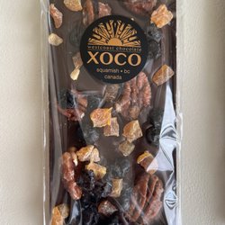 Xoco Chocolate - Dark chocolate with caramelized pecan, apricot and blueberries.