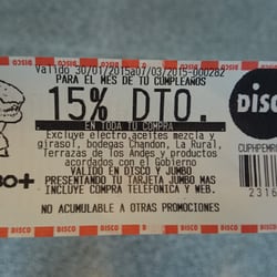 Disco - Si tenes tarjeta Jumbo (al pedo nunca suma), en el mes de tu cumpleaños tenes 15% de descuento en toda tu compra. #Win