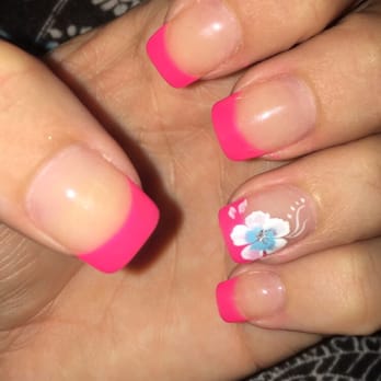Diva Nails & Spa - Hot pink tips with floral design on accent nail by Christina ~~ the best! - Nail Salons Near Me - San Jose, California