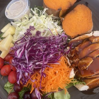 Nancy's Sky Garden - Rainbow Salad Teriyaki Chicken Baked Sweet Potato - Vegetarian Near Me - Austin, Texas Nancy's Sky Garden - Rainbow Salad Teriyaki Chicken Baked Sweet Potato - Vegetarian Near Me - Austin, Texas