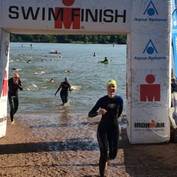 HERO - Lucy finishing the swim portion of the Ironman 70.3 Syracuse on 6/22/14.