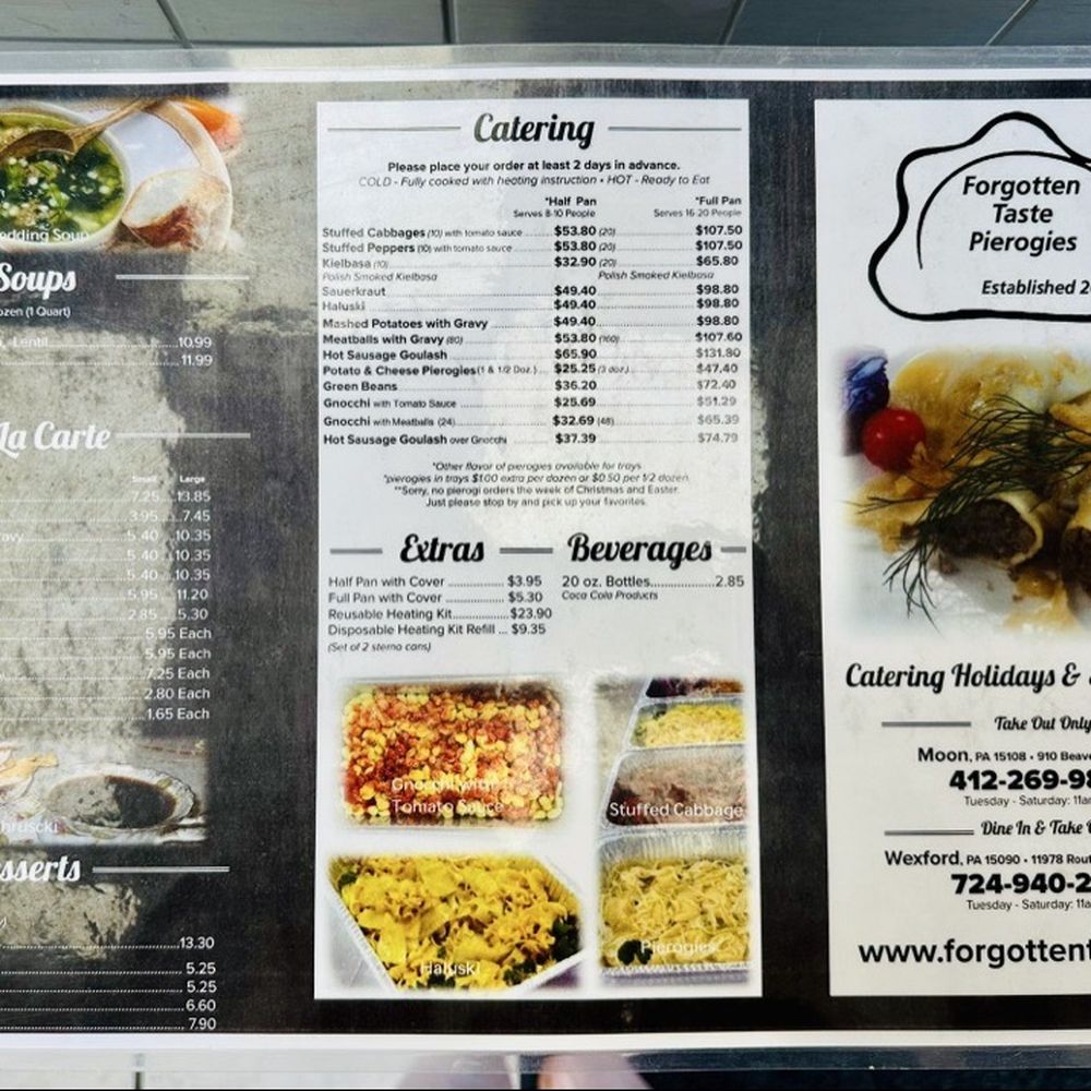 Forgotten Taste Pierogies - July 2025 menu of soups, a la carte foods, desserts, catered foods, etc. - Russian Near Me - Moon, Pennsylvania