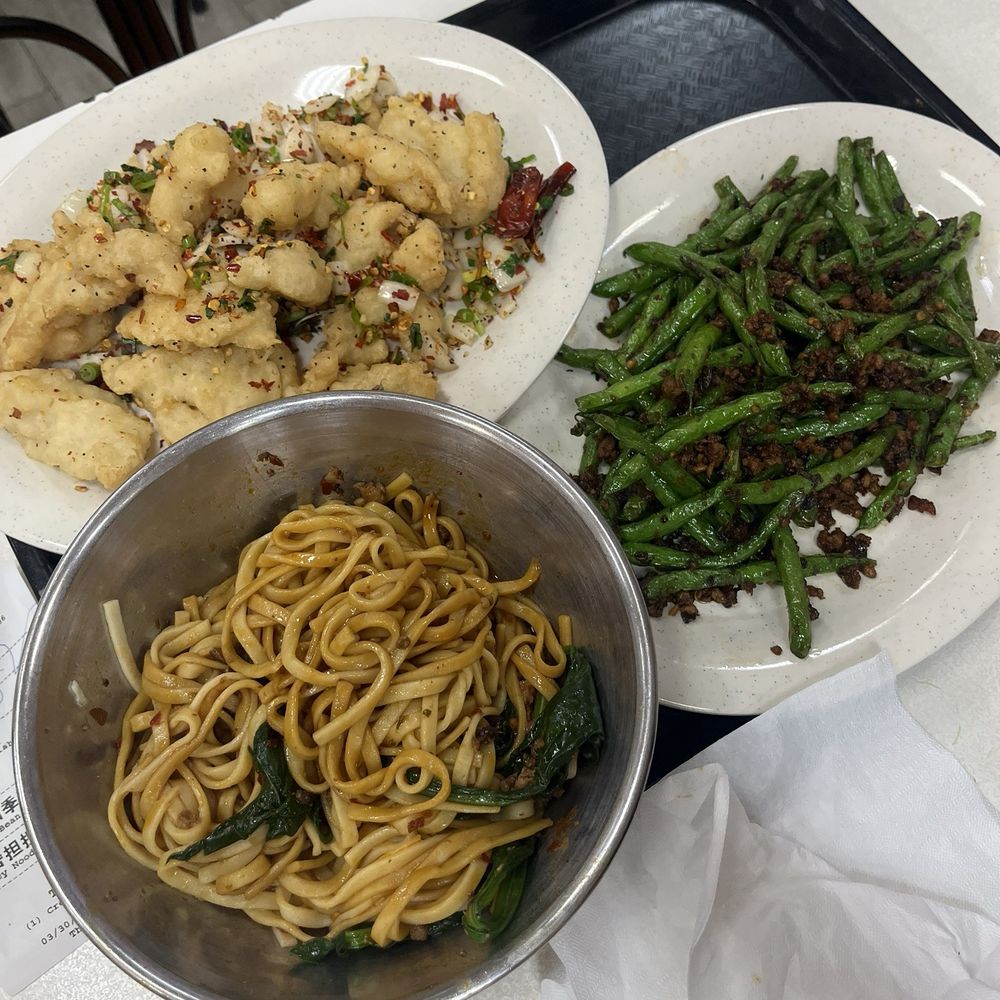 Salt and pepper fish filet, green beans with ground pork, and Dan Dan noodles Salt and pepper fish filet, green beans with ground pork, and Dan Dan noodles