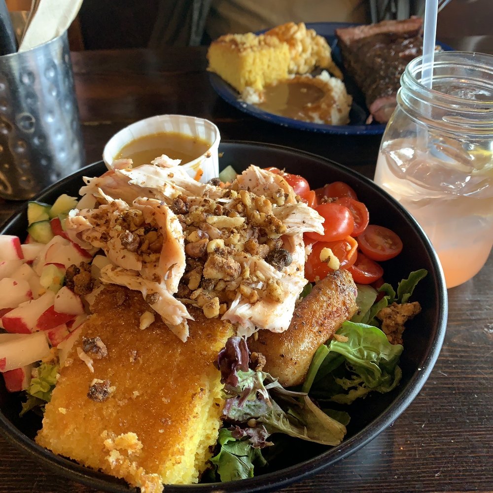 Dinosaur Bar-B-Que - Chopped salad with BBQ/ smoked chicken. No BBQ sauce. Special diet. Honey mustard dressing on the side. Drink is pink lemonade with vodka. - Barbeque Near Me - Troy, New York Dinosaur Bar-B-Que - Chopped salad with BBQ/ smoked chicken. No BBQ sauce. Special diet. Honey mustard dressing on the side. Drink is pink lemonade with vodka. - Barbeque Near Me - Troy, New York