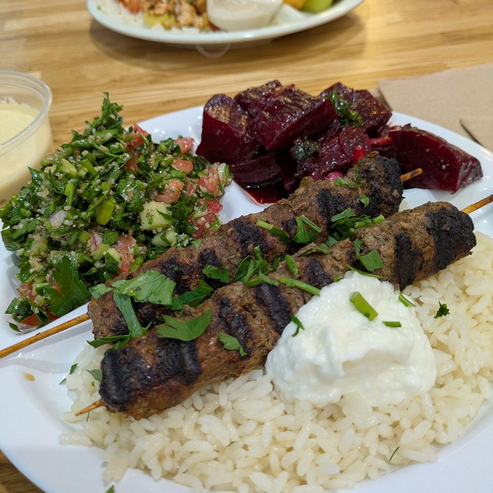 Sassool - 2 kafta (beef) kabob platter with Tabouli Salad Roasted Beets Salad - Mediterranean Near Me - Cary, North Carolina Sassool - 2 kafta (beef) kabob platter with Tabouli Salad Roasted Beets Salad - Mediterranean Near Me - Cary, North Carolina