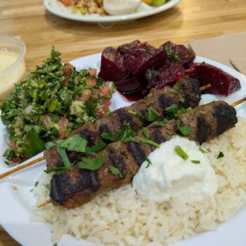 Sassool - 2 kafta (beef) kabob platter with Tabouli Salad Roasted Beets Salad - Mediterranean Near Me - Cary, North Carolina