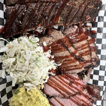 Jonah Bees BBQ - Three meat sampler.  Ribs, brisket, tri-tip, coleslaw, and potato salad. - Food Trucks Near Me - Rialto , California
