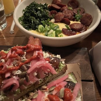 The Bonnie - Avocado Toast Shrimp & Cheesy Grits (Minus the Shrimp, allergic) - Cocktail Bars Near Me - Astoria, New York The Bonnie - Avocado Toast Shrimp & Cheesy Grits (Minus the Shrimp, allergic) - Cocktail Bars Near Me - Astoria, New York