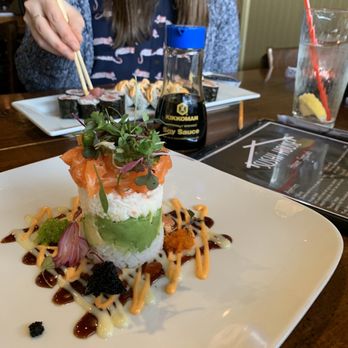 Sushi House - Ahi Tower with Salmon ($14.95) - Sushi Bars Near Me - Dallas, Texas Sushi House - Ahi Tower with Salmon ($14.95) - Sushi Bars Near Me - Dallas, Texas
