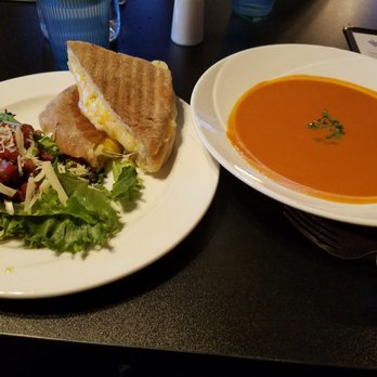 Roasted red pepper soup and their 3 cheese grilled cheese.
